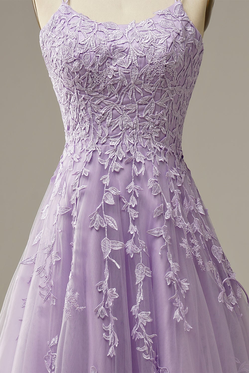 Spaghetti Straps Lilac Tulle Lace Long Prom Dress C1901