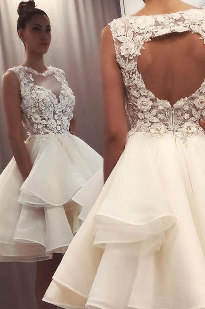 Round Neck Short Ivory Lace Short Ivory Lace Formal Homecoming Dress C18