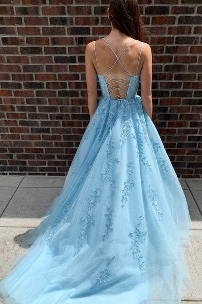 Light Blue Applique Lace up back Prom Dress C2205