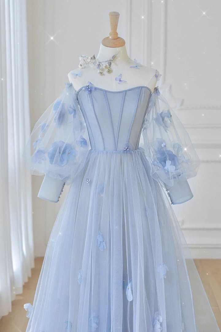 Blue tulle long sleeve prom dress blue evening dress C1860