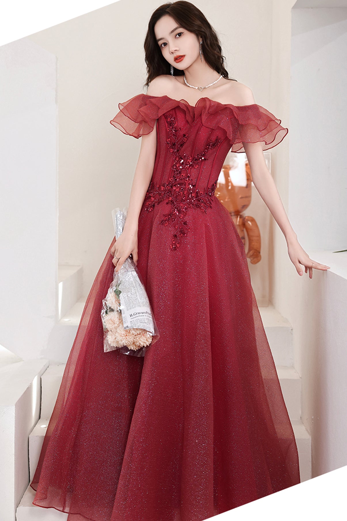 Burgundy Tulle Long A line Prom Dress Evening Dress C2146