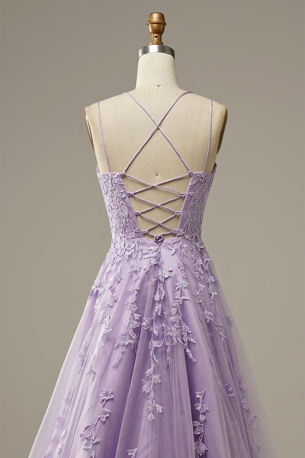 Spaghetti Straps Lilac Tulle Lace Long Prom Dress C1901