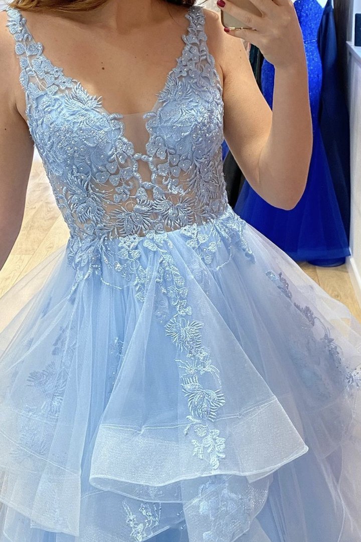 Princess A-Line V Neck Blue Tulle Long Prom Dresses with Appliques C1831