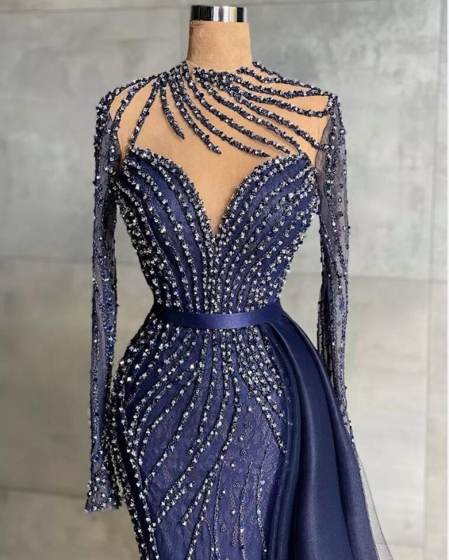 Stylish High Neck Navy Mermaid Evening Dress with Detachable Tulle Train Crystals Beads Long Prom Dress C2194