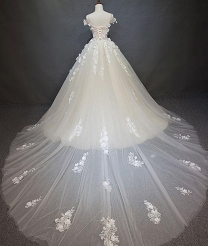 White tulle lace applique long prom dress, white lace wedding dress C1843