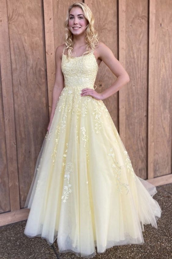 A Line Floor Length Lace Yellow Tulle Long Prom Dress, Yellow Lace Formal Dress, Yellow Evening Dress C2182