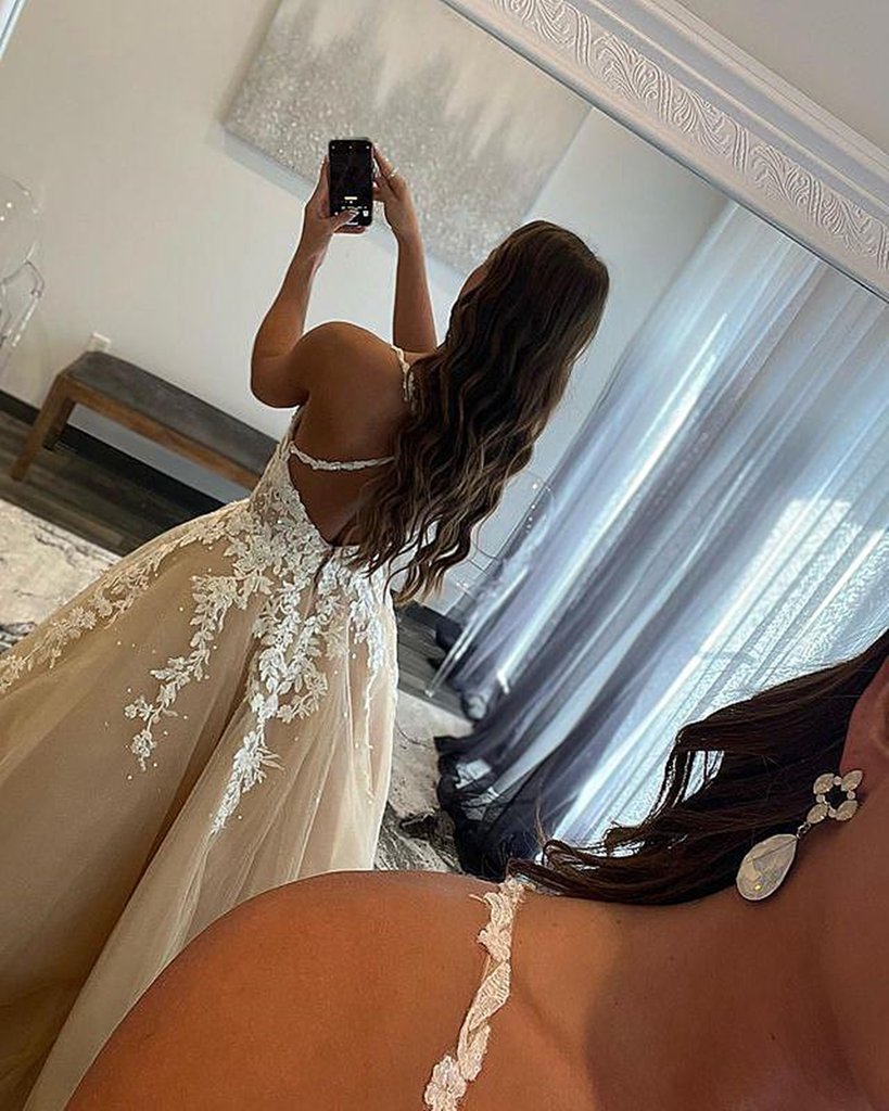 V Neck Champagne Lace Prom Dresses, Long Champagne Lace Formal Evening CherryPromDress V Neck Champagne Lace Prom Dresses, Long Champagne Lace Formal Evening CherryPromDress