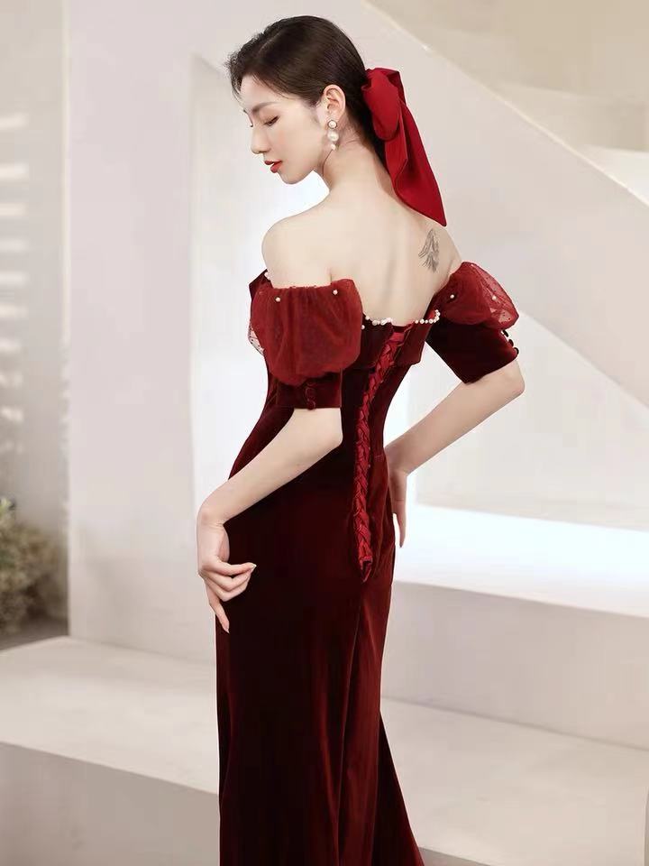 Burgundy party dress,off shoulder evening dress,velvet mermaid long prom dress,backless sexy formal dress,custom made  C2094