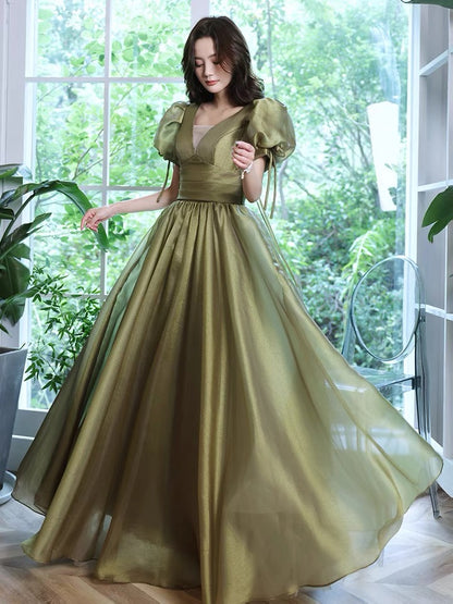 Socialite evening dress, escaped princess high sense party dress, bubble sleeve green prom dress C2040