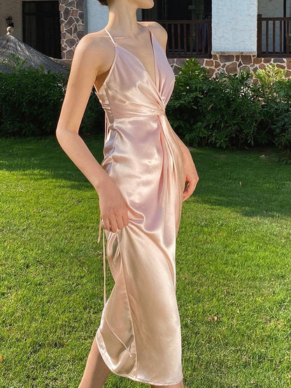 Rose Pink Satin Strap Dress Simple Party Dress  C2326