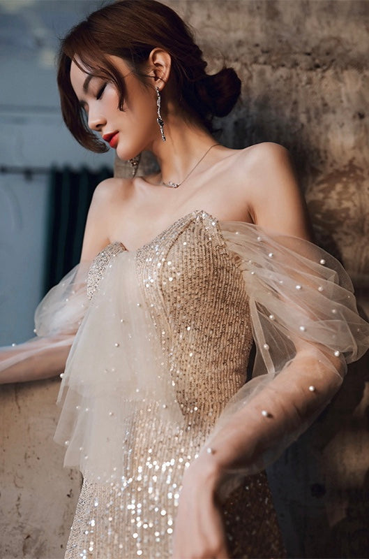 Champagne evening dress, off-the-shoulder party dress, shiny sexy dress C1969