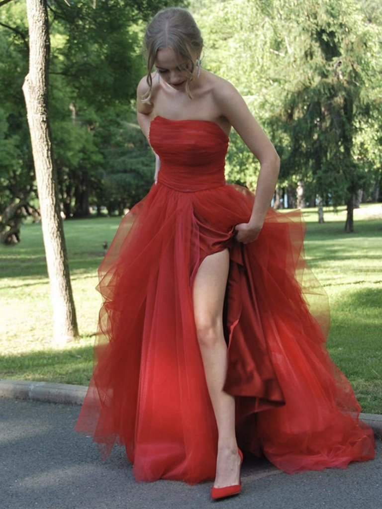 Strapless Red Tulle Long Prom Dresses Red Tulle Long Formal Evening Dresses C2314