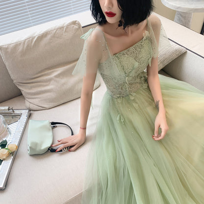 Light Green Tulle with Lace Cap Sleeves Long Evening Dress, Beautiful Green FormaL Dresses C2034