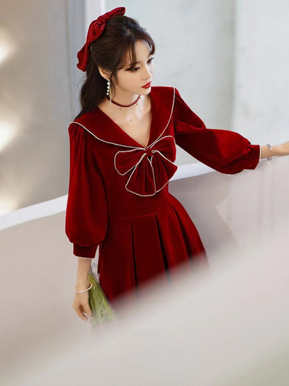 New style, autumn and winter long sleeve dress, party velvet evening dress, New Year prom dress,custom made C2051