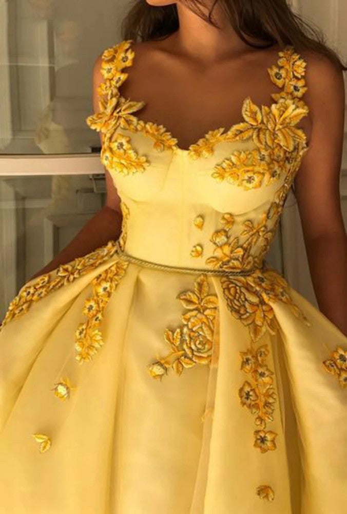 Fabulous Beautiful Straps Evening Dresses Long Yellow Prom Dresses with Appliques C2132