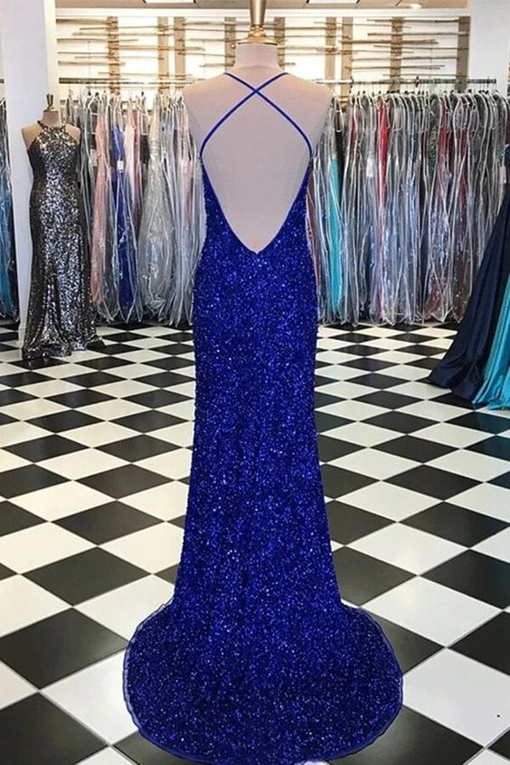 Chic Royal Blue Spaghetti Straps Backless Long Sheath Prom Dresses C2222