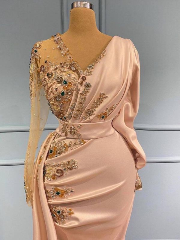 Elegant V-Neck Long Sleeves Mermaid Prom Dress with Gold Sequins Appliques C2054