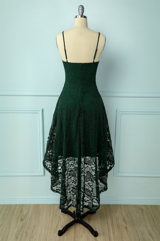 Straps High low Lace Dark Green Homecoming Dress C1099