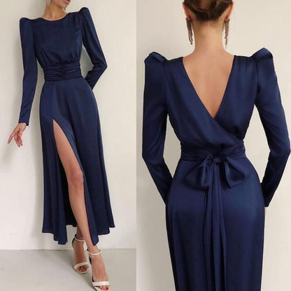 Women's Dresses Slit High Waist Long Sleeve Waist Tie Dress Navy Blue Prom Dress C2158