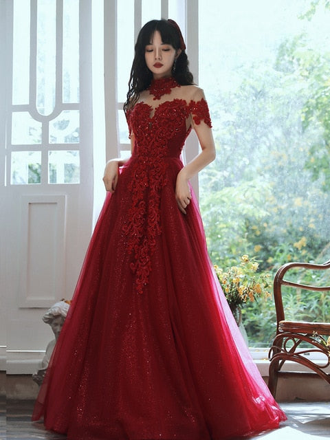 Luxury Burgundy High Neck Beading Evening Dress C2360