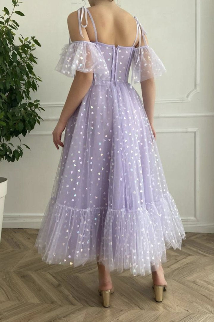 Purple tulle short A line prom dress evening dress C1321