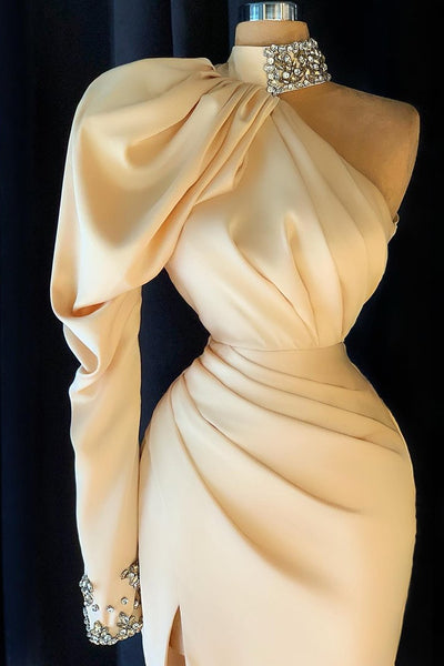 Gorgeous High Neck Long Sleeve Crystal Prom Dress Mermaid With Split C2192