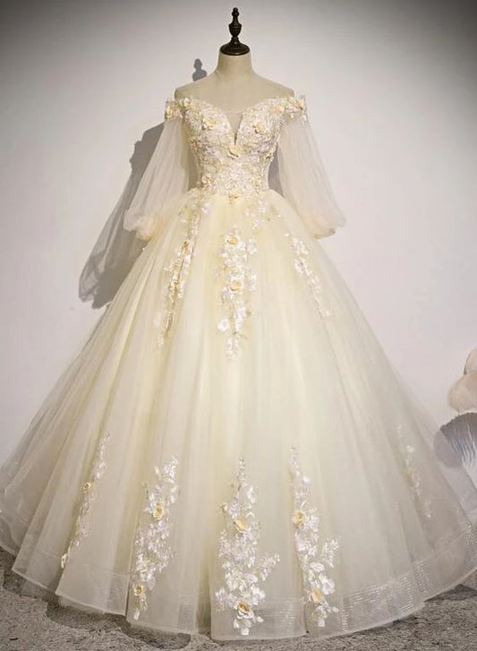 Beautiful Tulle Long Sleeves Floral Sweet 16 Gown, Party Gowns Prom Dress C1837