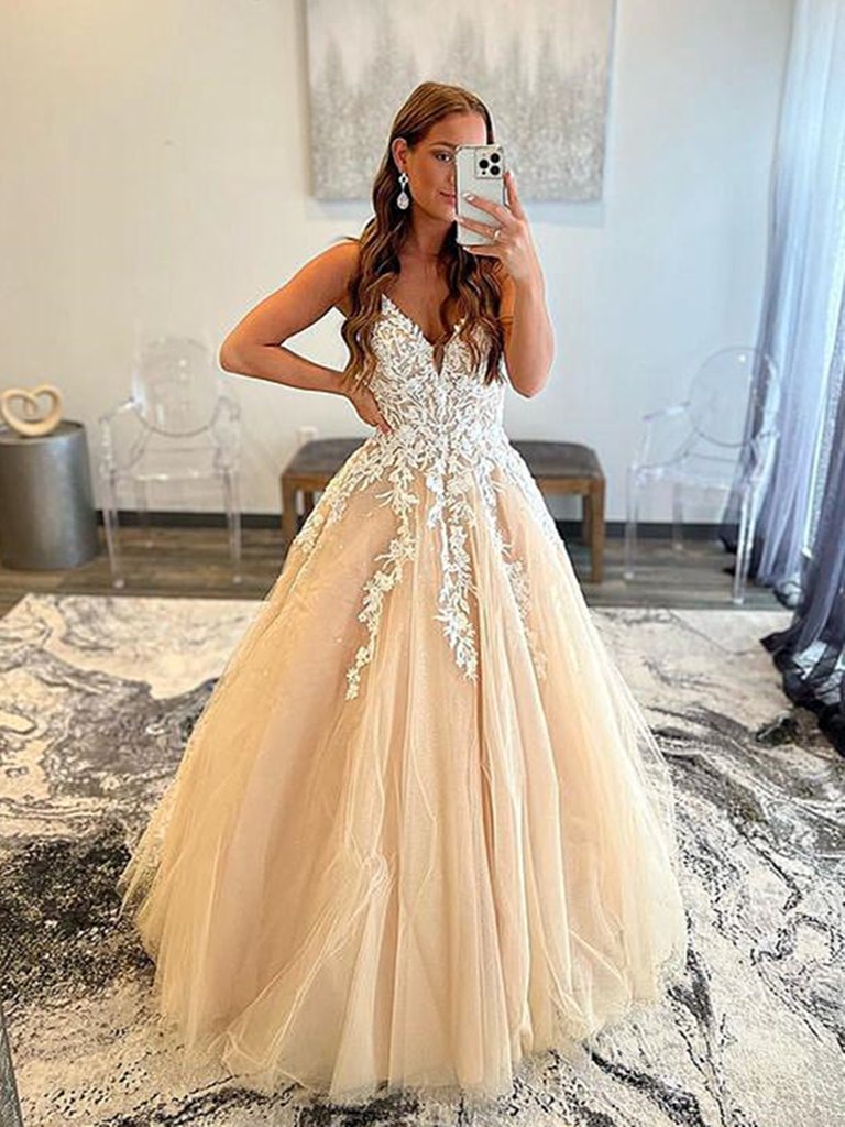 V Neck Champagne Lace Prom Dresses, Long Champagne Lace Formal Evening CherryPromDress V Neck Champagne Lace Prom Dresses, Long Champagne Lace Formal Evening CherryPromDress