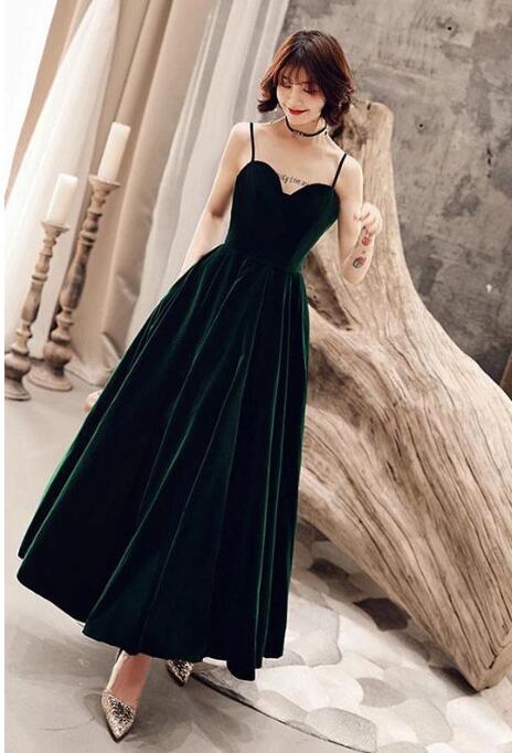 Charming Spaghetti Straps Sweetheart Sleeveless A Line Prom Dress Green Velvet Prom Dress C2228