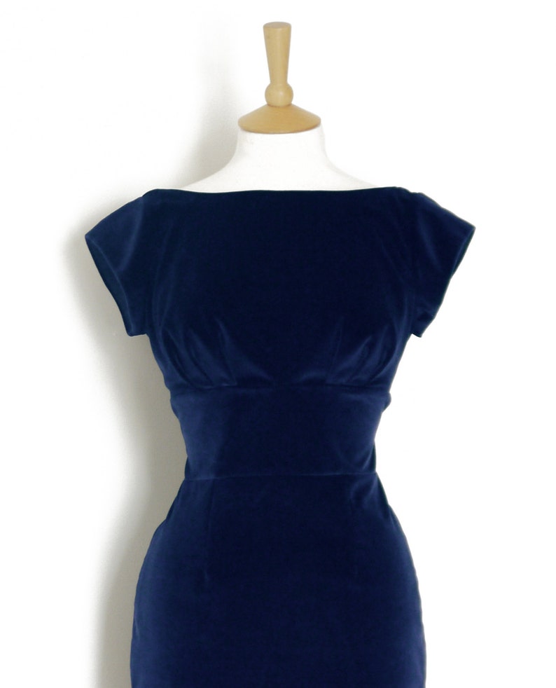 Midnight Blue Velvet Classic Pencil Dress Simple Party Dress C2230