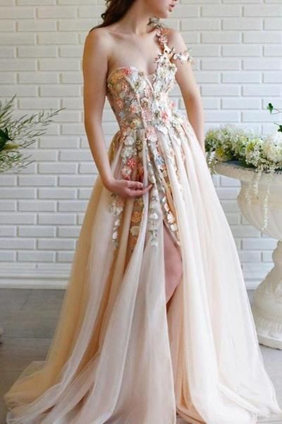 Charming One Shoulder Floral Champagne Long Prom Dresses, 3D Flowers Champagne Formal Evening Dresses C1963