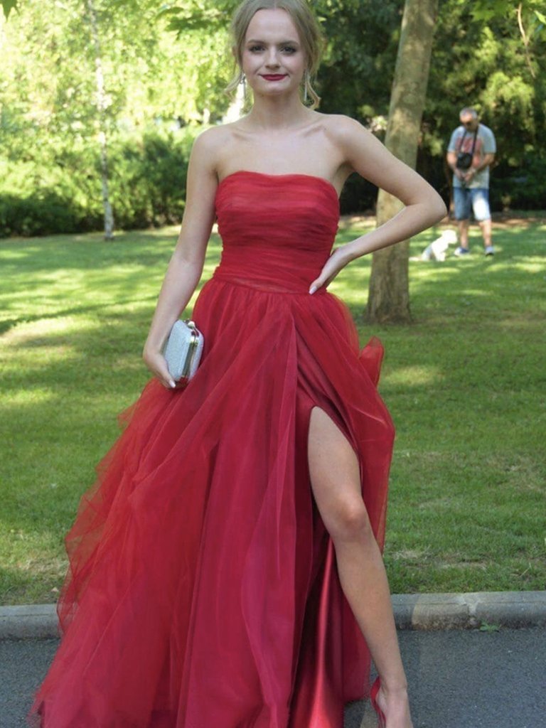 Strapless Red Tulle Long Prom Dresses Red Tulle Long Formal Evening Dresses C2314