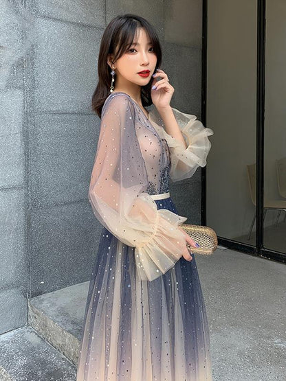 Long Sleeves Blue Ombre Beaded Prom Dresses, Long Sleeves Blue Ombre Formal Evening Dresses C1823