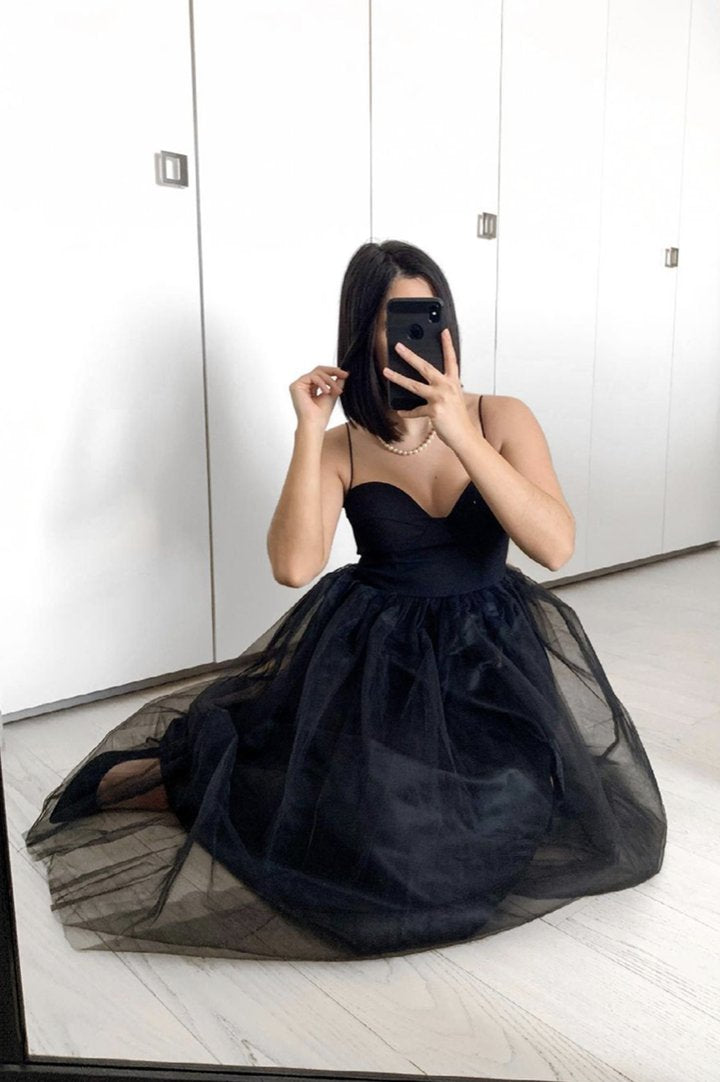 Black tulle short A line prom dress evening dress  C1336