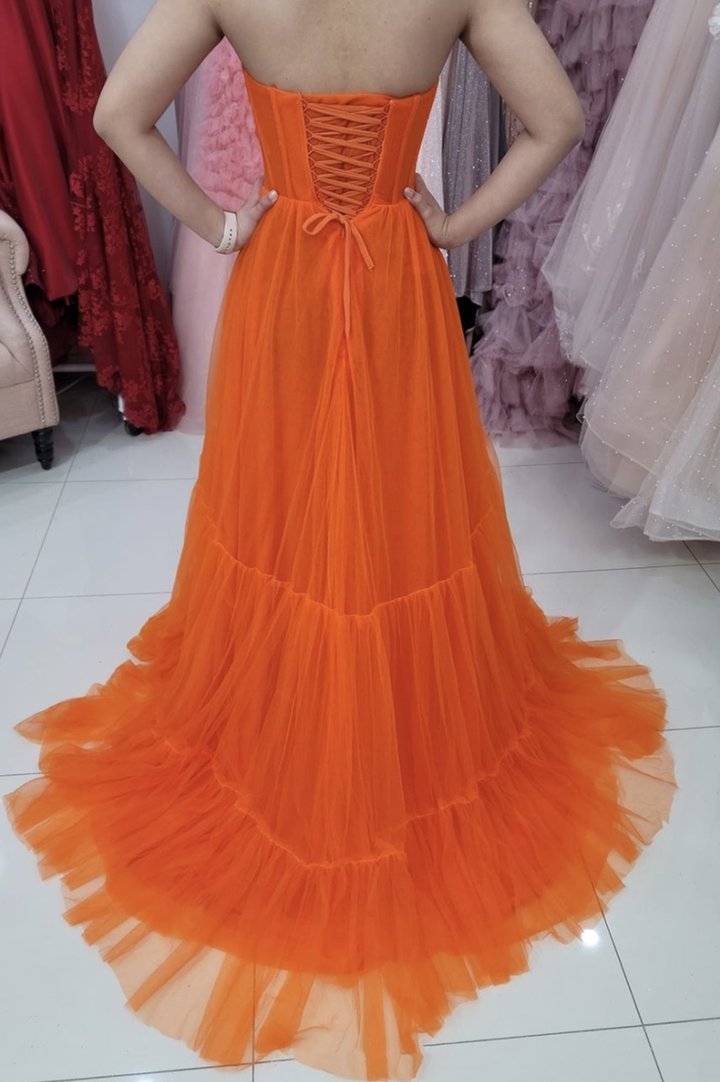 Orange tulle long A line prom dress evening dress  C1319
