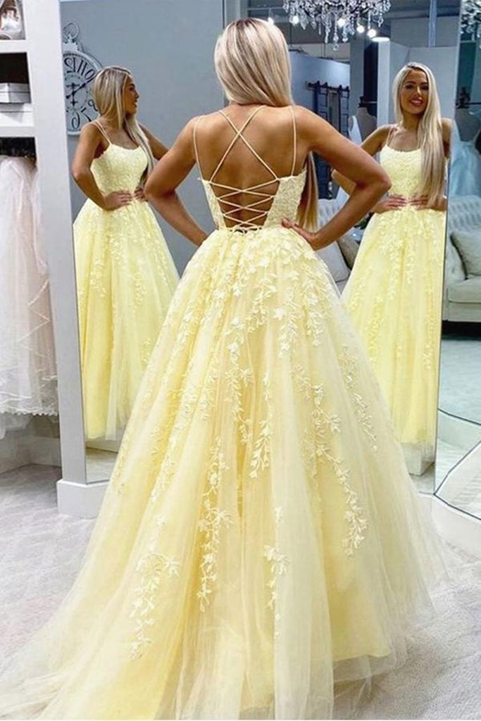 A Line Floor Length Lace Yellow Tulle Long Prom Dress, Yellow Lace Formal Dress, Yellow Evening Dress C2182