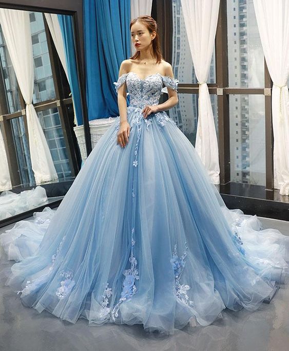 Blue off shoulder tulle lace long prom gown, blue evening dress C51