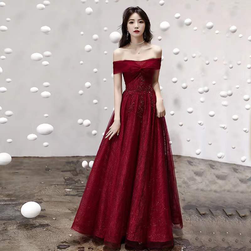 Burgundy tulle sequins long prom dress evening dress C2095