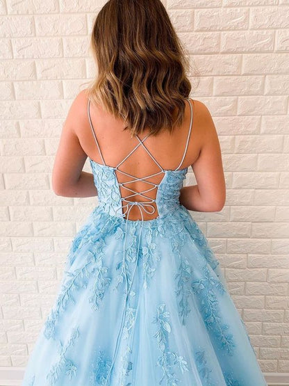 Light Blue Applique Lace up back Prom Dress C2205