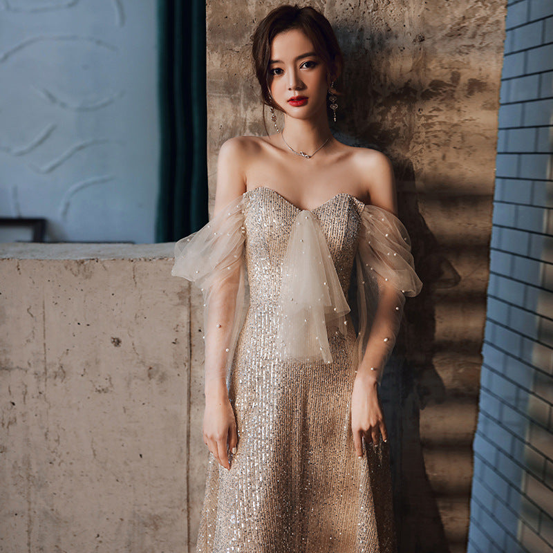 Champagne evening dress, off-the-shoulder party dress, shiny sexy dress C1969