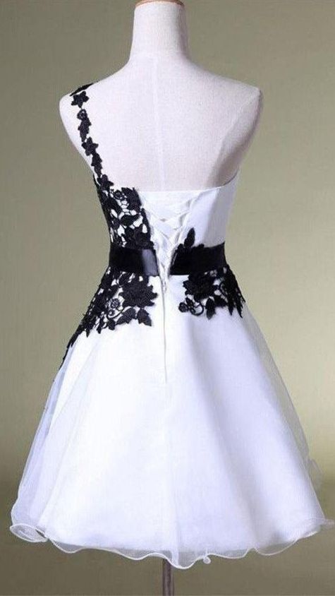 A Line One Shoulder White Homecoming Dress with Black Lace, Knee Length Party Dress C1871