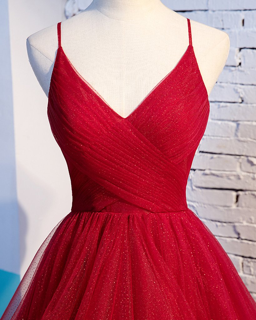 Red Tulle Layered Spaghetti Straps V Neck Lace Up Prom Dress, Evening Dress C1238