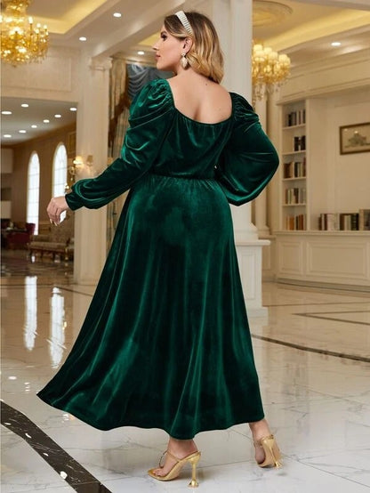 Women Plus Sweetheart Neck Lantern Sleeve Ruched Velvet Prom Dress C2048