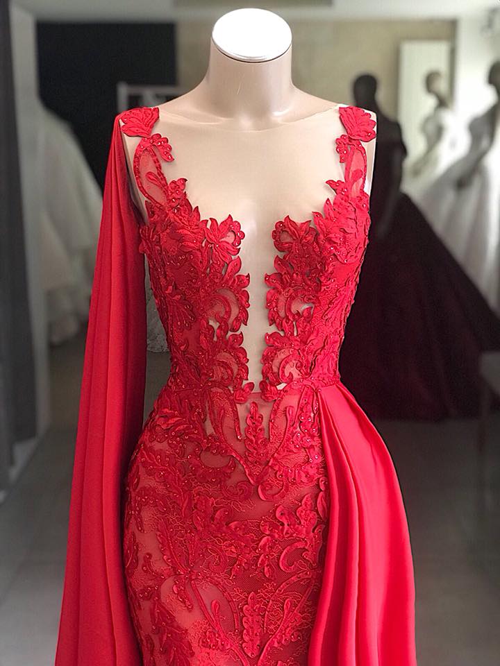 Lace Long Evening Dresses Sleeveless Red Prom Dresses  C1984