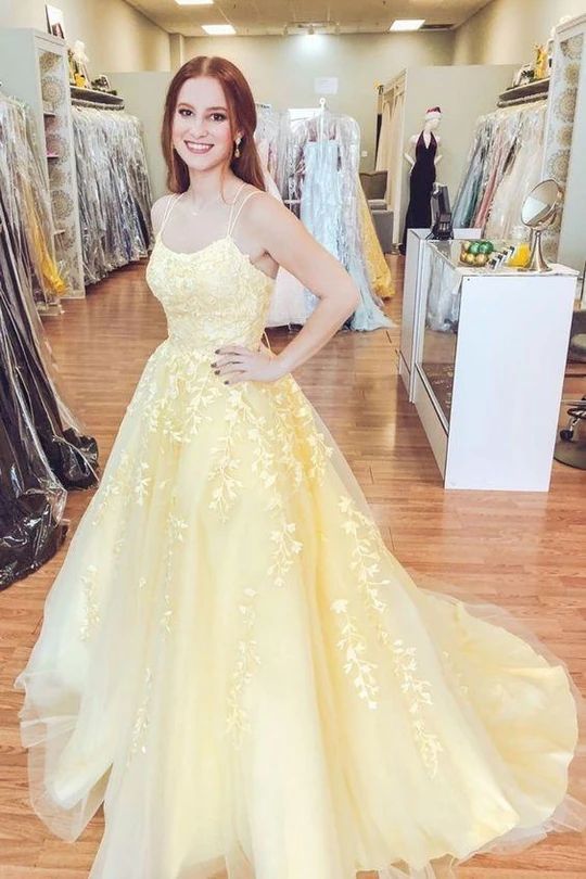 A Line Floor Length Lace Yellow Tulle Long Prom Dress, Yellow Lace Formal Dress, Yellow Evening Dress C2182