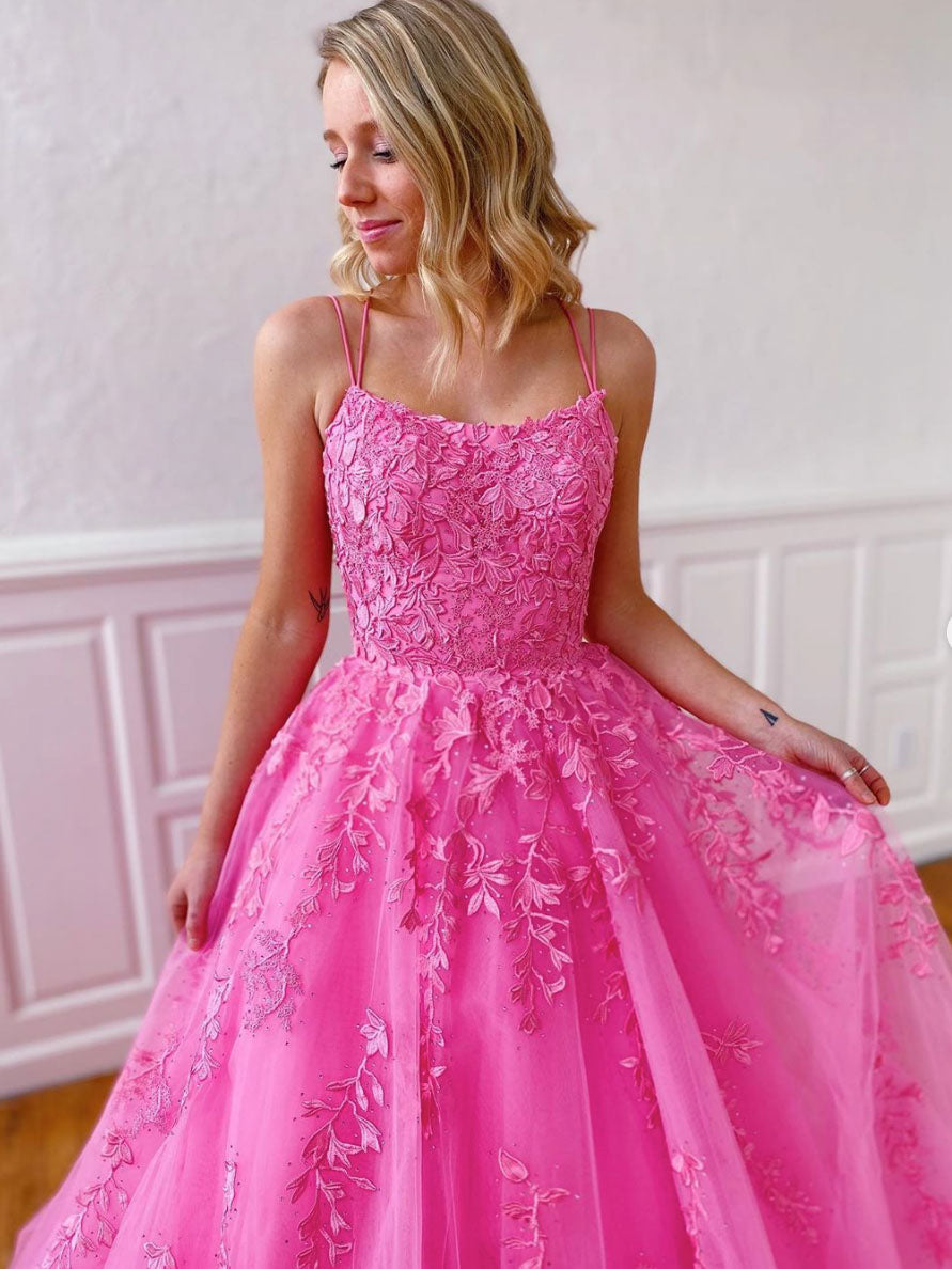 Hot Pink Tulle Lace Long Prom Dress Hot pink Tulle Lace Formal Dress C2308