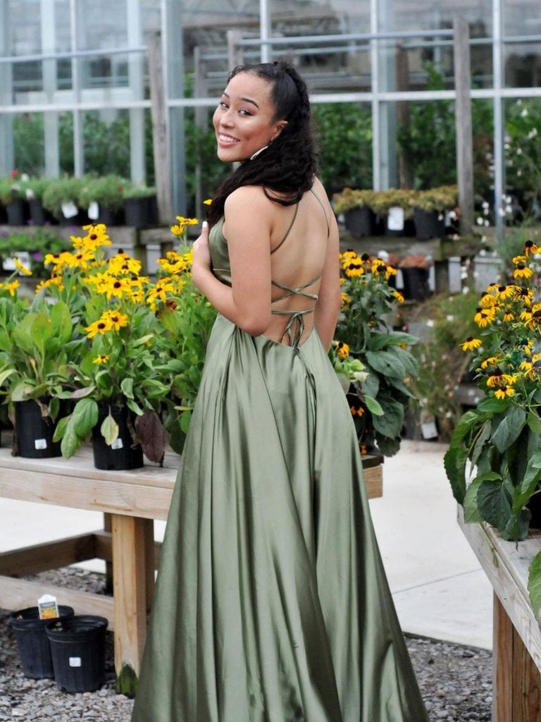 Simple green satin long prom dress, green evening dress  C2071