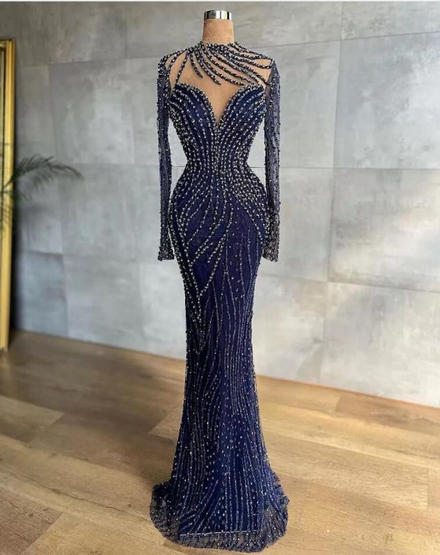 Stylish High Neck Navy Mermaid Evening Dress with Detachable Tulle Train Crystals Beads Long Prom Dress C2194