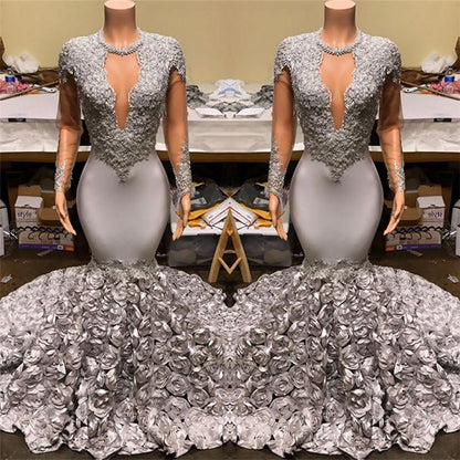 Silver Party Dress Fit And Flare Floral Prom Dresses Lace Appliques Real Shooting Formal Dresses  C2003