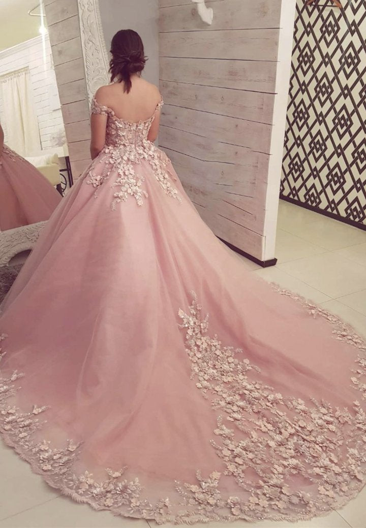 Pink tulle appliqué long ball gown dress formal dress C1348